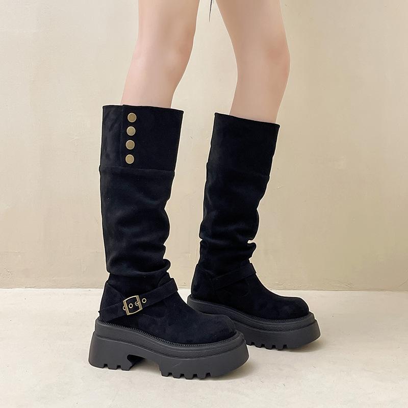 Fashion Versatile Pleated Foldable Boots Women's Autumn and Winter 2025 New Retro Solid Color Fashion Boots