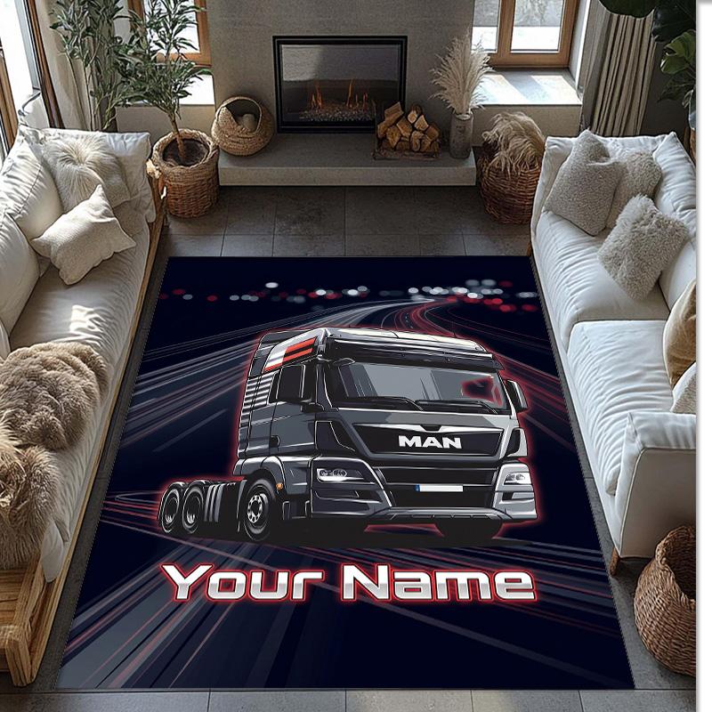 MAN Truck Crystal Velvet Rug, Custom Name Text Personalized Non‑Slip Floor Mat for Home Decor Gift