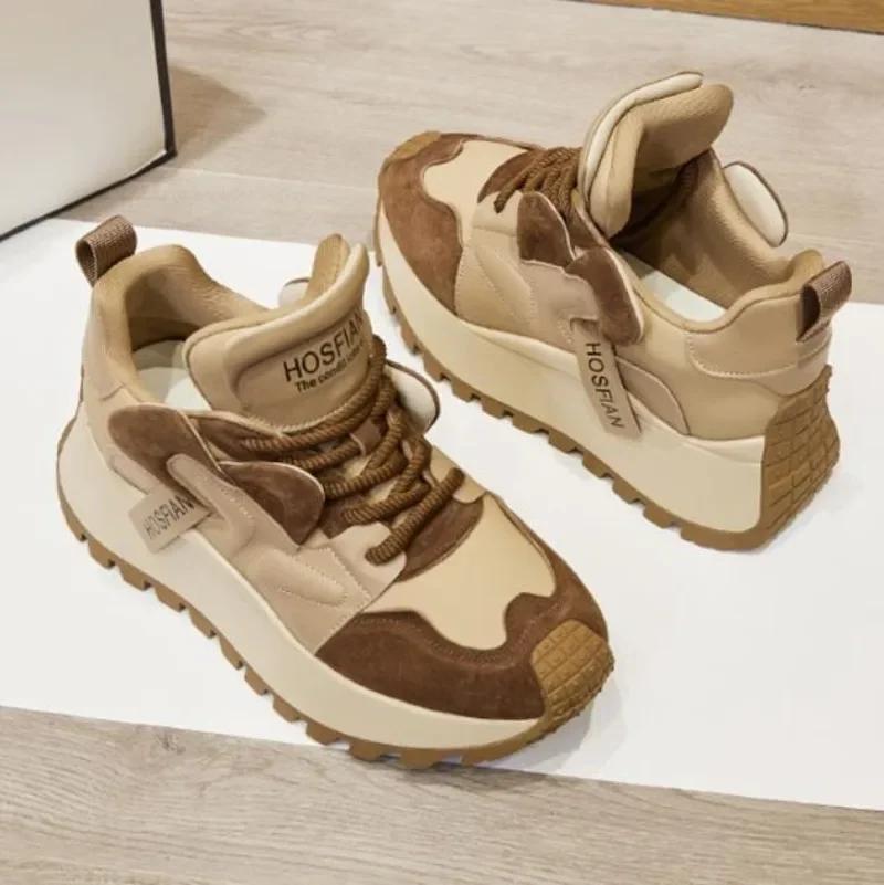 6CM Chunky Women Sneakers 2024 Winter Spring New Retro Genuine Leather Lace-Up Ladies Sport Shoes Woman Casual Platform Sneaker