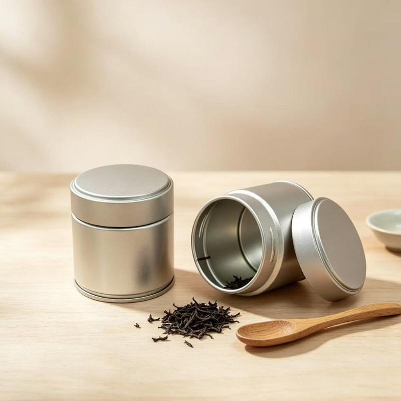 Fitted-Lid Tea Powder Storage Tin, Cylindrical Tinplate Canister for Organizing Tea Leaves, Spices, and Sugar Packets