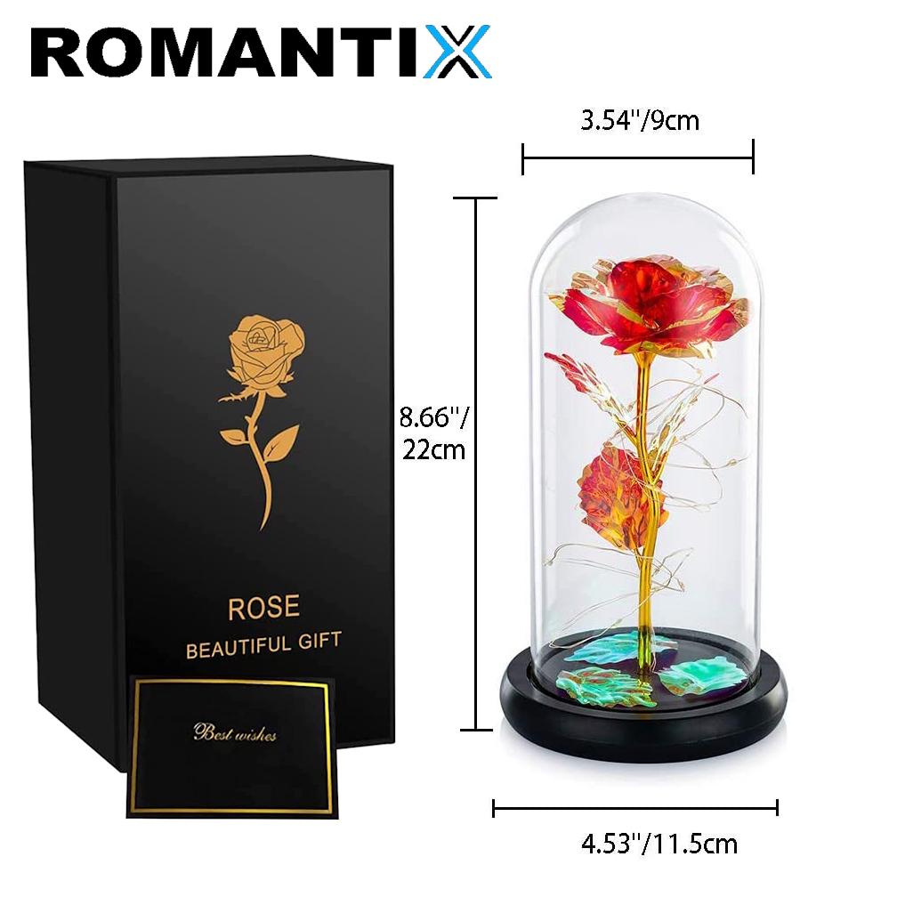 ROMANTIX Ewige Gold Rose im Glas Liebe Geschenk Valentinstag Muttertag LED Licht