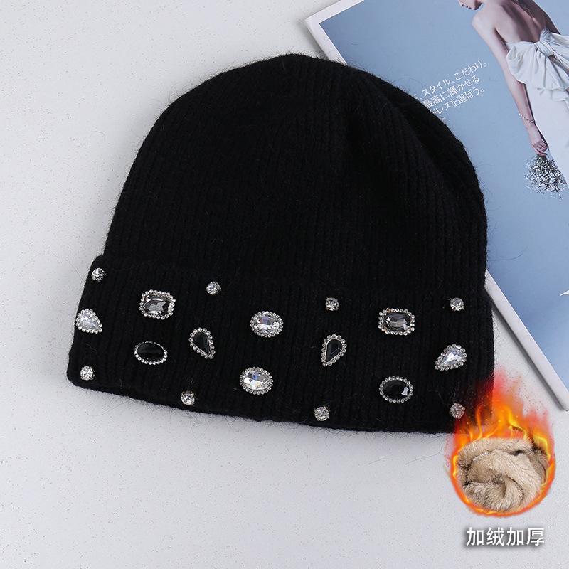Source special-shaped rhinestone decorative knitted wool hat women's autumn and winter light luxury flanged velvet warm cold hat
