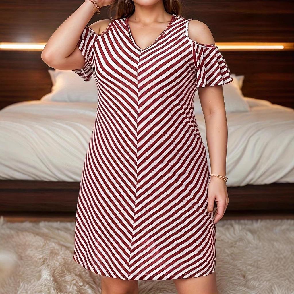 2025 Summer Women's Plus Size Off-the-Shoulder Striped Casual Dress