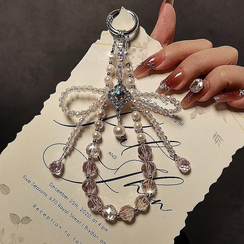 Light Luxury High‑End Four‑Leaf Clover Crystal Mobile Phone Chain, Beaded Bow Pendant Portable Phone Case Pendant Mobile Phone Lanyard