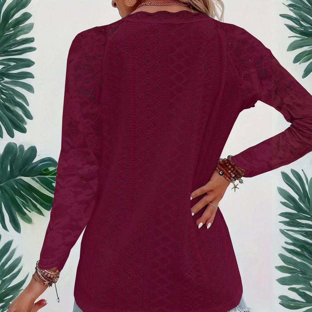 Women's Casual V-neck Lace Patchwork Cutout Blouse Top