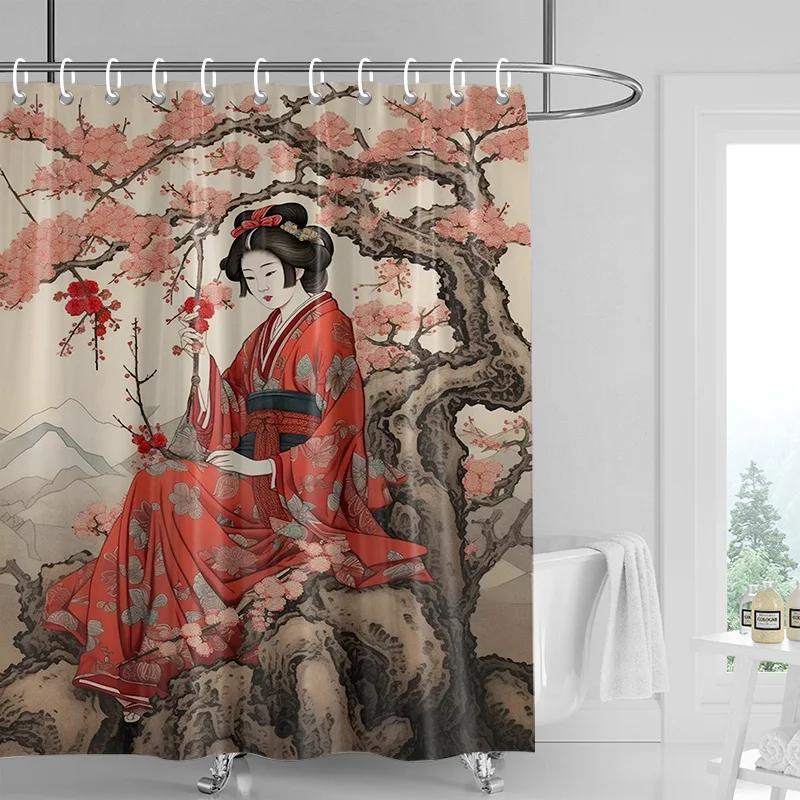 Japanese-style Gogi Retro Character Printed Shower Curtain Fading-resistant Bathroom Partition Curtain for Hotel Home Decoration
