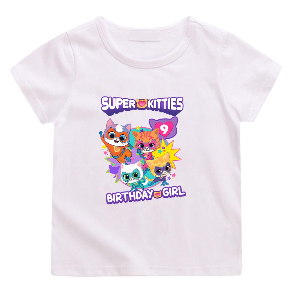 SuperKitties Birthday Girl T-shirt Game Super Cat Costume Kid Tees Baby Sweet Girls Clothes Short Sleeve Birthday Gifp Top