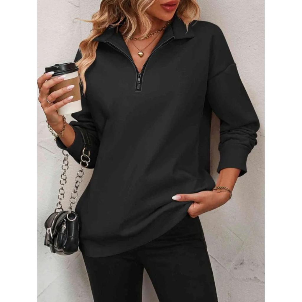 Felpa da donna con mezza zip e maniche lunghe, vestibilità ampia, casual, tinta unita, top pullover