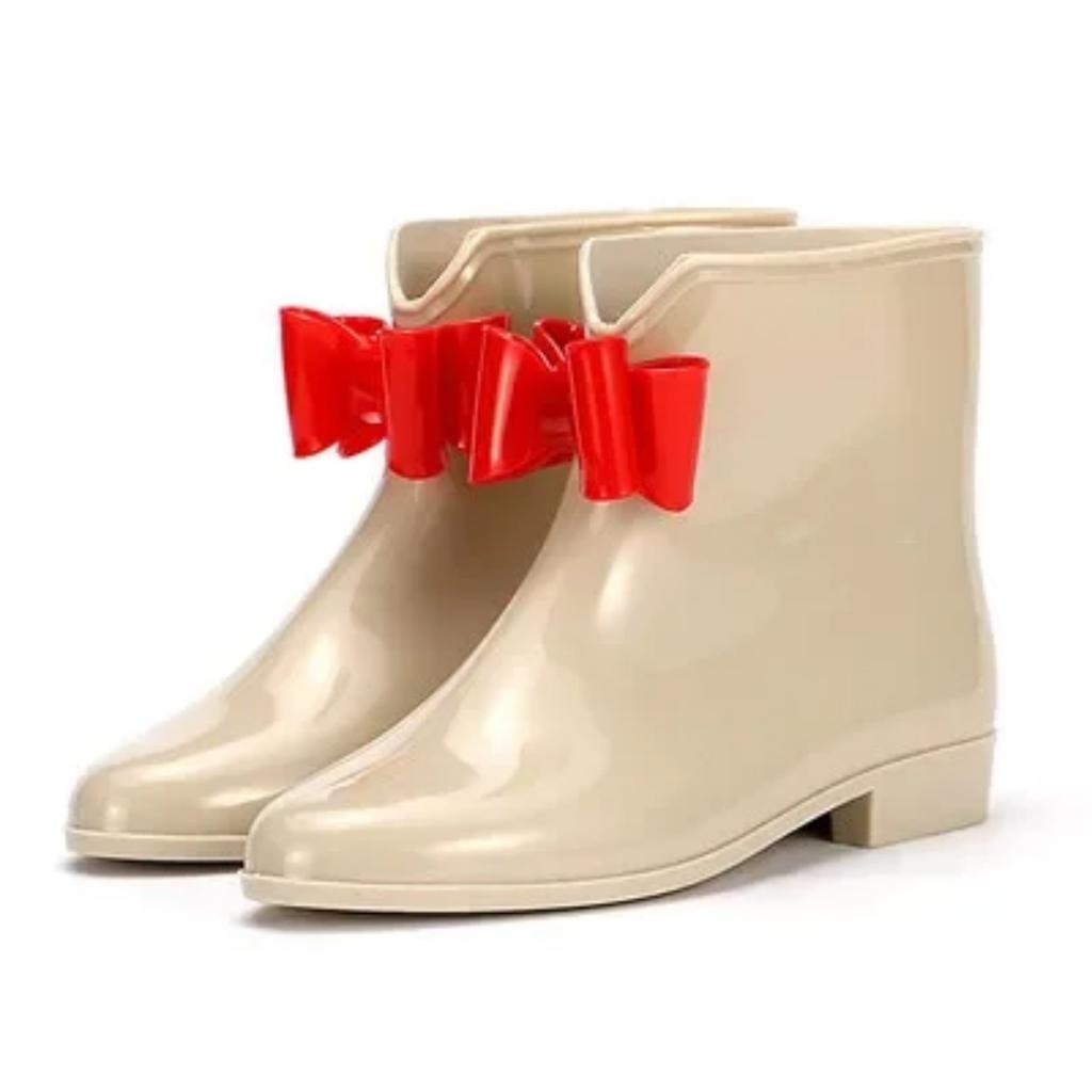 Women's Rain Shoes Short-tube Spring and Autumn Rain Boots Knot-bow Low-top Boots White-collar Waterproof Shoes Rubber Overshoes