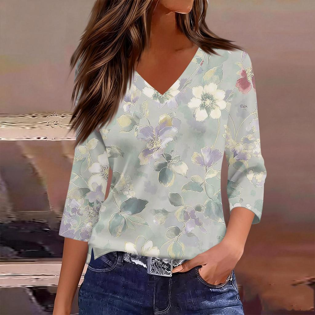 Women’s V Neck 3/4 Sleeve Blouse with Large Floral Print Relaxed Fit Lightweight Casual Top for Daily Wear
