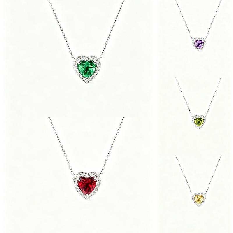 S925 Sterling Silver Heart-Shaped Gemstone Pendant Necklace with Citrine, Amethyst, Garnet, and Topaz.