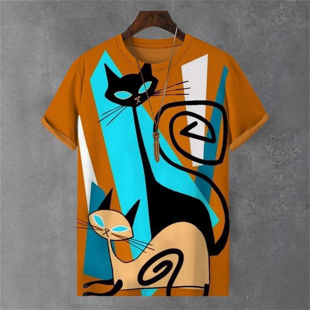 Zajímavé Kreativní Kočičí Grafika Pánské Módní Letní Krátký Rukáv 3D Tištěné Ležérní Osobnost Univerzální Nadměrná Velikost Tričko