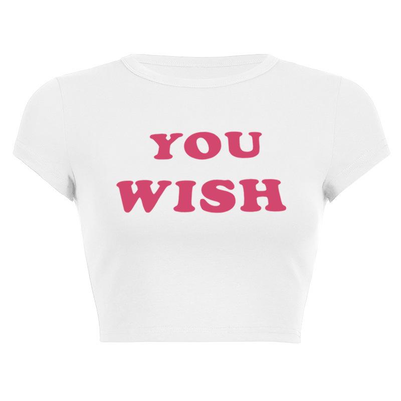 European, American English slogans Printed sexy exposed navel short T-shirt fashionable round neck slim slim top women's multi-picture