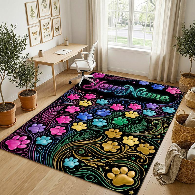 Dog Theme Crystal Velvet Rug Personalized Custom Name Text Soft Floor Mat Home Decor