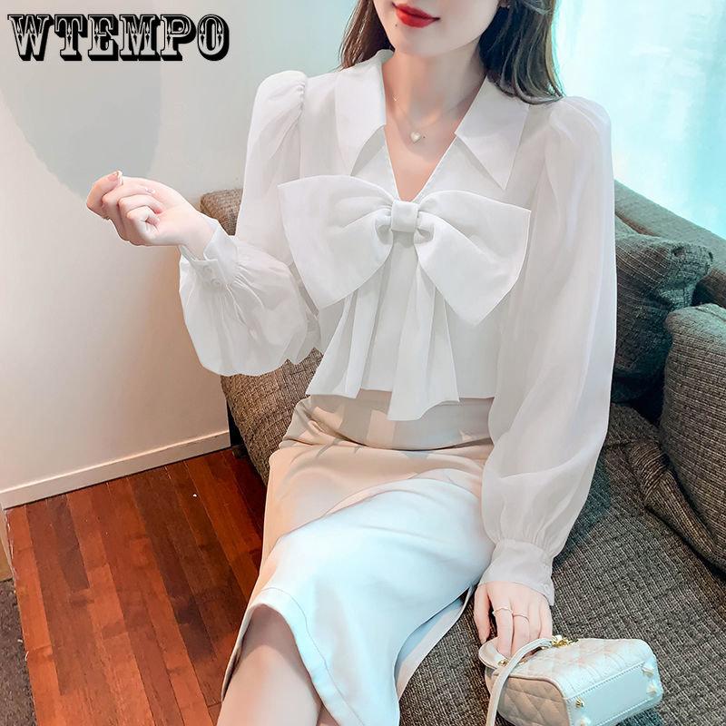 Early Spring Women's Shirt Chiffon V-neck Bowknot Shirt Small Crowd Style Pink Chiffon Shirt with Design