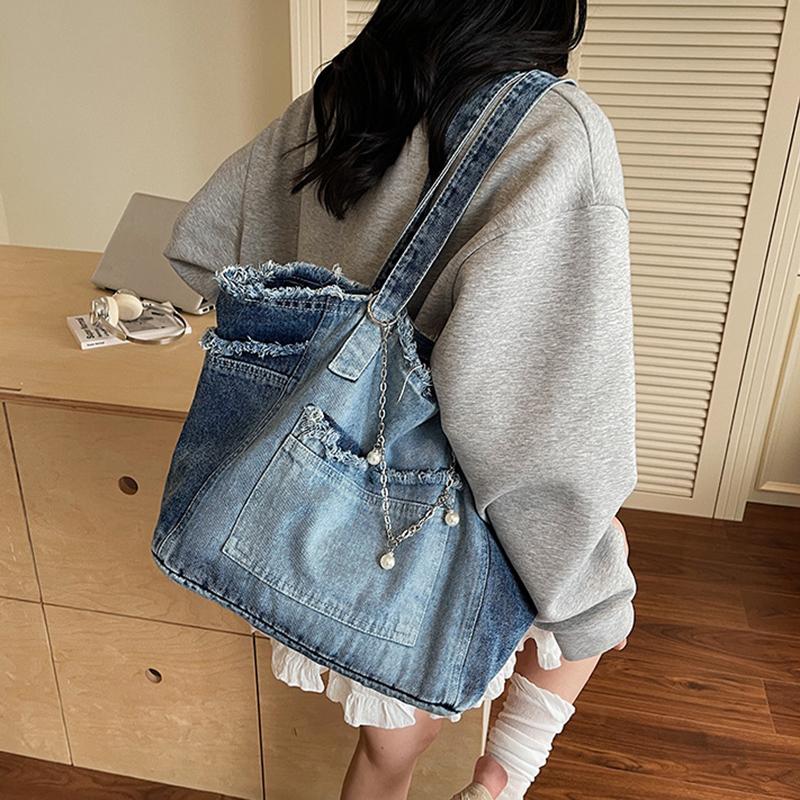 Mode Kleurverloop Ruwe Rand Denim Tote Tas Dames Veelzijdig Grote Capaciteit Ketting Handtassen Eenvoudig Werk Een Schouder Tassen CLE