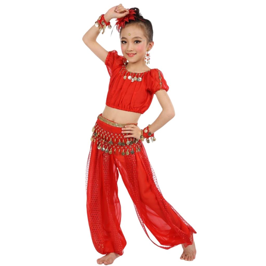 Children's Dance Costume Set Indian Style Belly Dance Outfit for Girls Includes Top Pants and Waist Chain Suitable for Performance and Practice