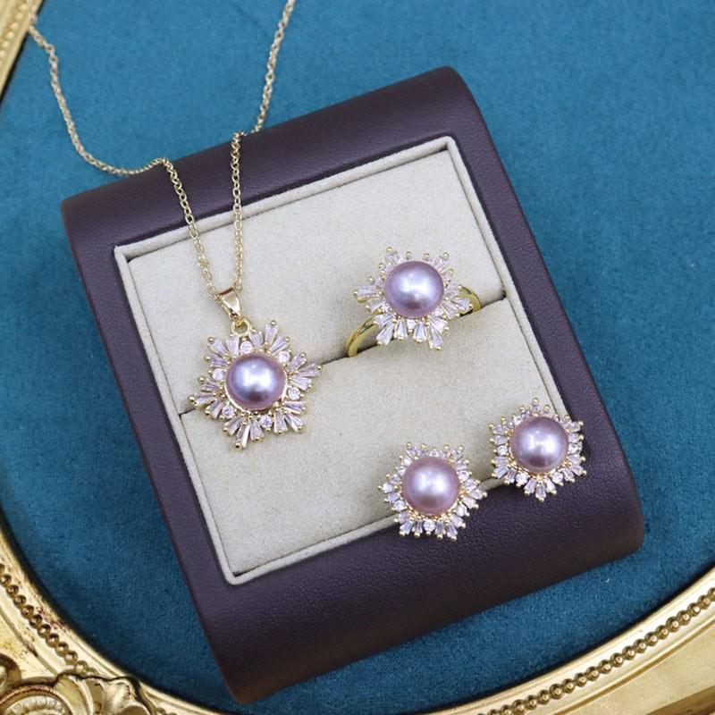 18K Gold-Plated Freshwater Pearl Jewelry Set: Necklace, Earrings & Ring with Micro-Pave Diamonds (9-10mm Pearls).