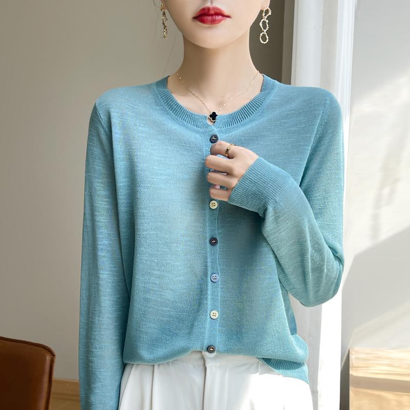 

Thin Bamboo Joints and Long-sleeved Knitted Cardigan for Women In Summer Round Neck Sun Protection Jacket Air Conditioning Shirt Short Top M