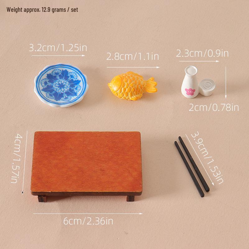 Dollhouse Miniature Japanese Grilled Fish with Sake on Mini Wooden Table - Playhouse Accessory