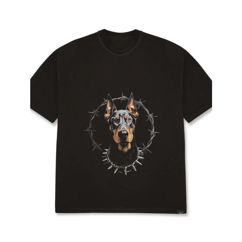 White Oversized T-Shirt Dog Head with Barbed Wire Print Casual Streetwear Fashion Unisex Top for Men and Women