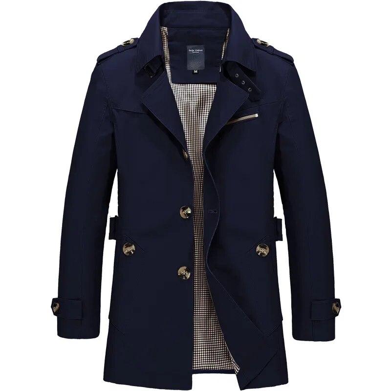 Spring New Men's Windbreaker Fashion Solid Color Long Jacket Coat Casual Loose Button Lapel Long Sleeve Office Commuter Coat