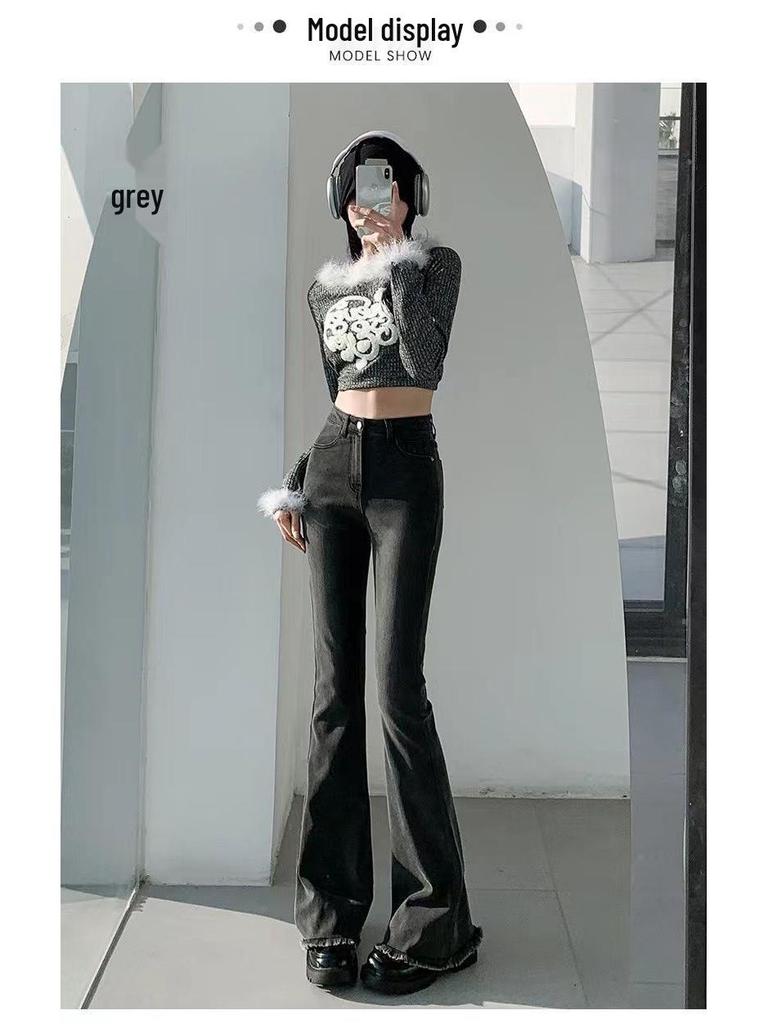 Women's High Waist Frayed Micro Flare Jeans - Retro Slim Fit Petite Pants