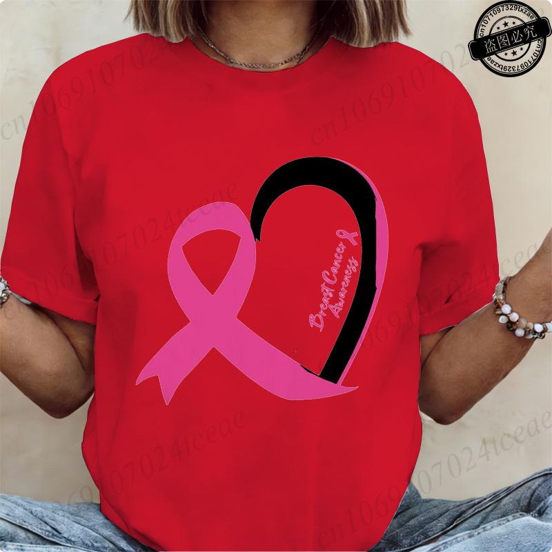 T-shirt a maniche corte da donna Maglietta Consapevolezza Cancro al Seno Nastro Rosa Maglietta con Stampa Abbigliamento Donna T Shirt Harajuku