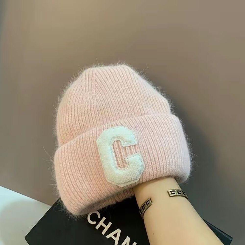 Knit Beanie Hat Angora Rabbit Hair Double Fold Letter C Rhinestone Winter Warm Soft Conical Skullcap Women