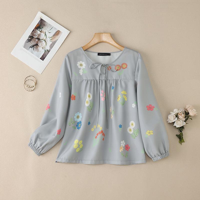 ZANZEA Lässige Bluse mit Rundhalsausschnitt und langen Ärmeln für Damen mit Blumendruck