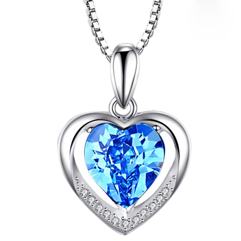 Blue Crystal Heart Pendant Necklace Eternal Love Jewelry for Women