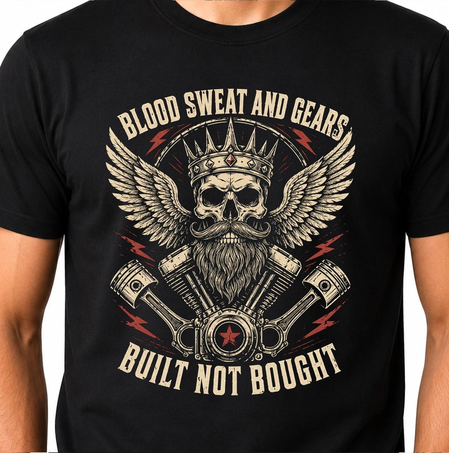 Biker T Shirt Skull Mechanic Motorcycle Gift Mens Beard King Wings Graphic Tee L