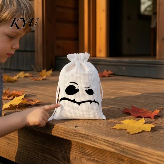 Cute Holiday Gift Sacks 2 Pcs Halloween Burlap Bags with Drawstring, Trick or Treat Ghost Face Pumpkin Prints Candy Pouch, Reusable Goodies