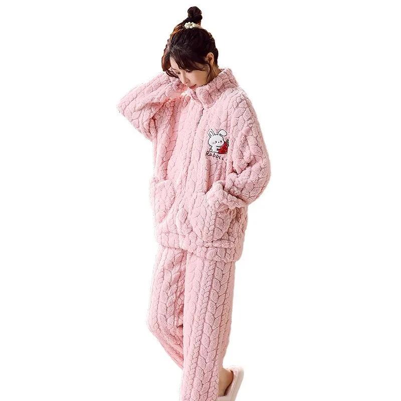 Winter Pajamas Ladies Coral Velvet Flannel Thickened Plus Sleepwear Women Household Clothing Set Famale Zipper Suit Outsidewear