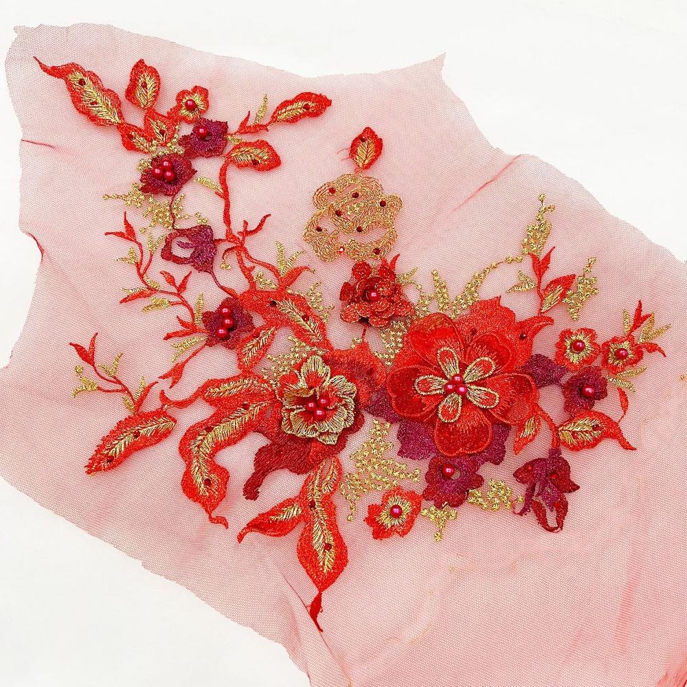 Colorful Sequined Sewing On Patches Flower Lace Beaded Lace Applique  Bridal Dress