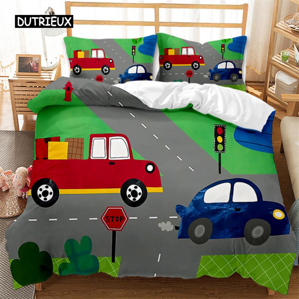 Travel Guide Duvet Cover Set Cartoon Route Car House Building Pattern Bedding Set Microfiber Travel Theme King Size Quilt Cover