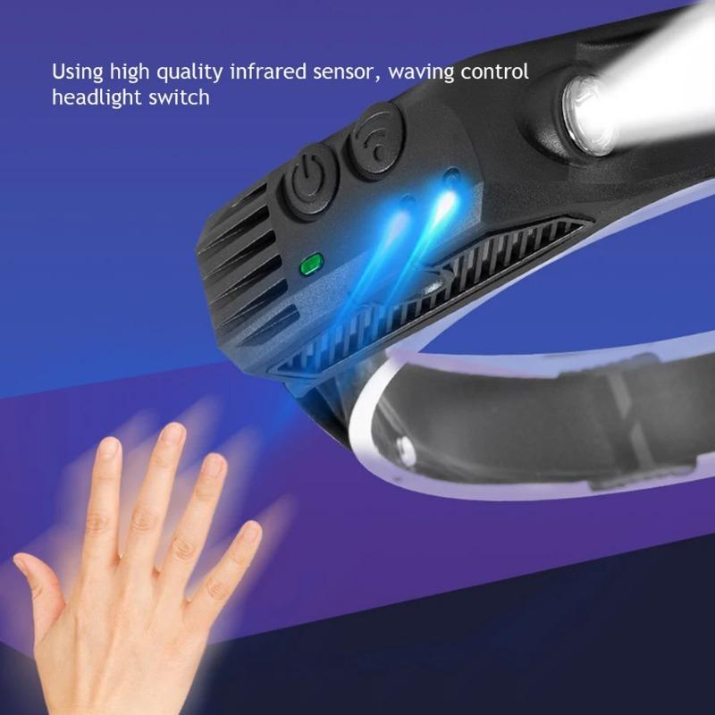 Latarka czołowa z wbudowanym akumulatorem ładowanym przez USB, latarka czołowa COB LED, latarka z czujnikiem, latarka, latarka, wędkowanie