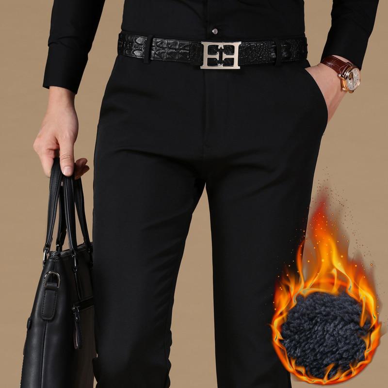 S Winter Thick Classic Men Business Casual Pants Solid Color Stretch Fleece Warm Brand Trousers Male
