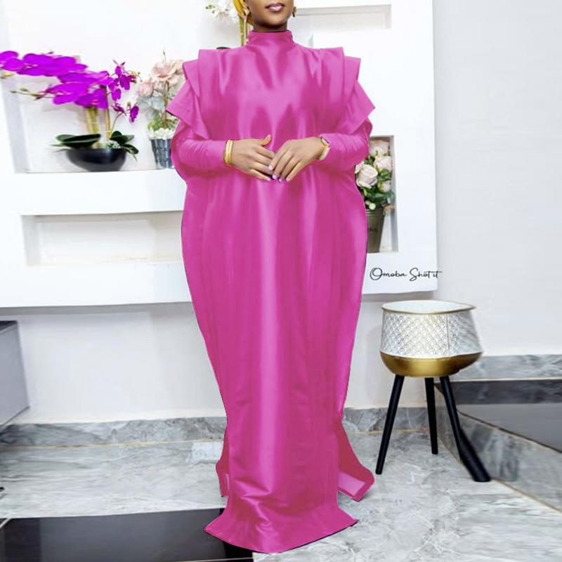

VONDA Women Plus Size Stand Collar Layered Long Sleeve Solid Color Satin Dresses 5XL темно-рожевого кольору