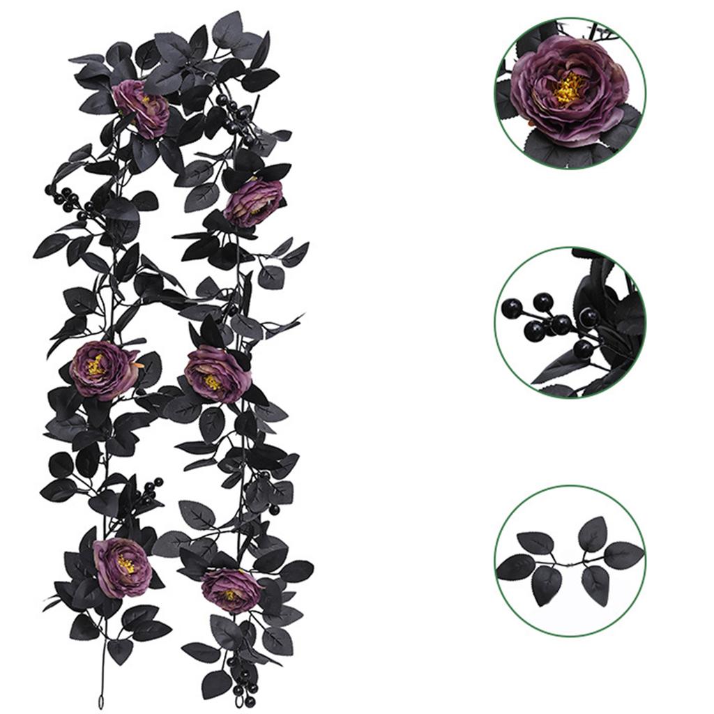 Artificial Black Rose Vine For Halloween Decor Vintage Faux Flowers Decor Red Berries Plant Garland For Outdoor Home Wall Decor