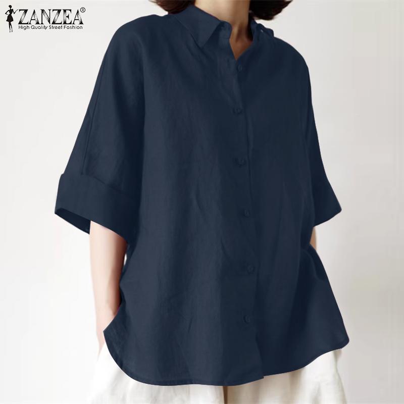 ZANZEA Blusa de Algodón Casual para Mujer con Cuello Vuelto, Manga 3/4 Suelta