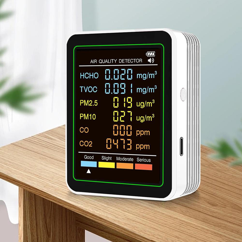 6-in-1 Air Quality Tester Real-Time Air Quality Meter Portable Temperature Humidity Detector for Home Office School