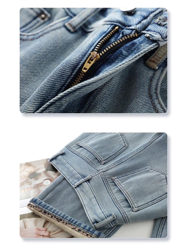 Light Blue Retro Wide-Leg Fleece-Lined Women's Jeans 2024 - Thick Winter Straight-Leg Casual Pants