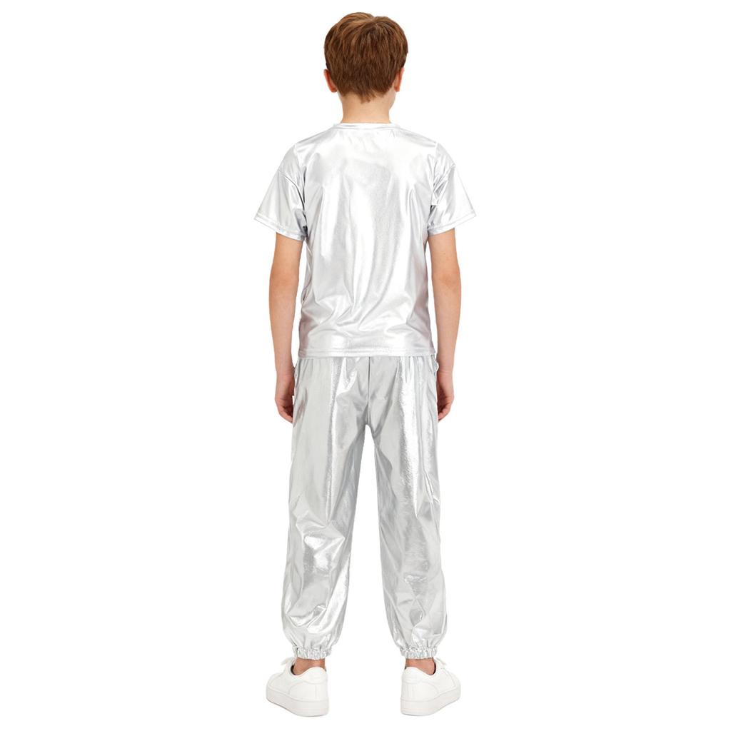 Children‘s Unisex Metallic Glitter Performance Set Short Sleeve Crew Neck Top with Bottoms for Dance Party Costume Dress Up