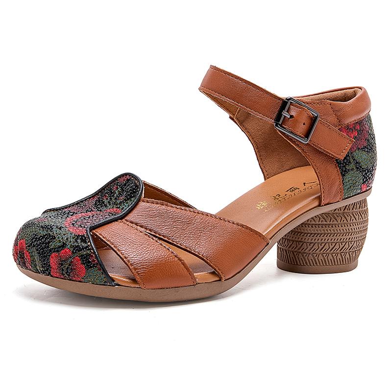 Fashion GKTINOO 2025 Ethnic Style Comfortable High Heels Women Summer Sandals Printed Genuine Leather Mom Women's Shoes Non-slip