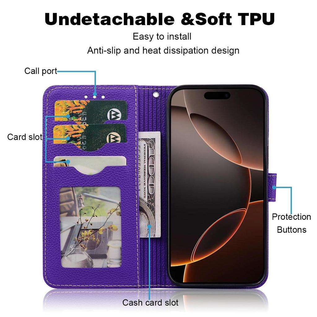 Portfel etui z klapką ze skóry PU do OPPO A15s, A15 Tekstura liczi Uchwyt na karty Podstawka Pasek na nadgarstek Pokrowiec ochronny