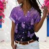 Women Plus Size Collared Neck Short Sleeve Button Front Purple Butterfly Floral Printed Shirt