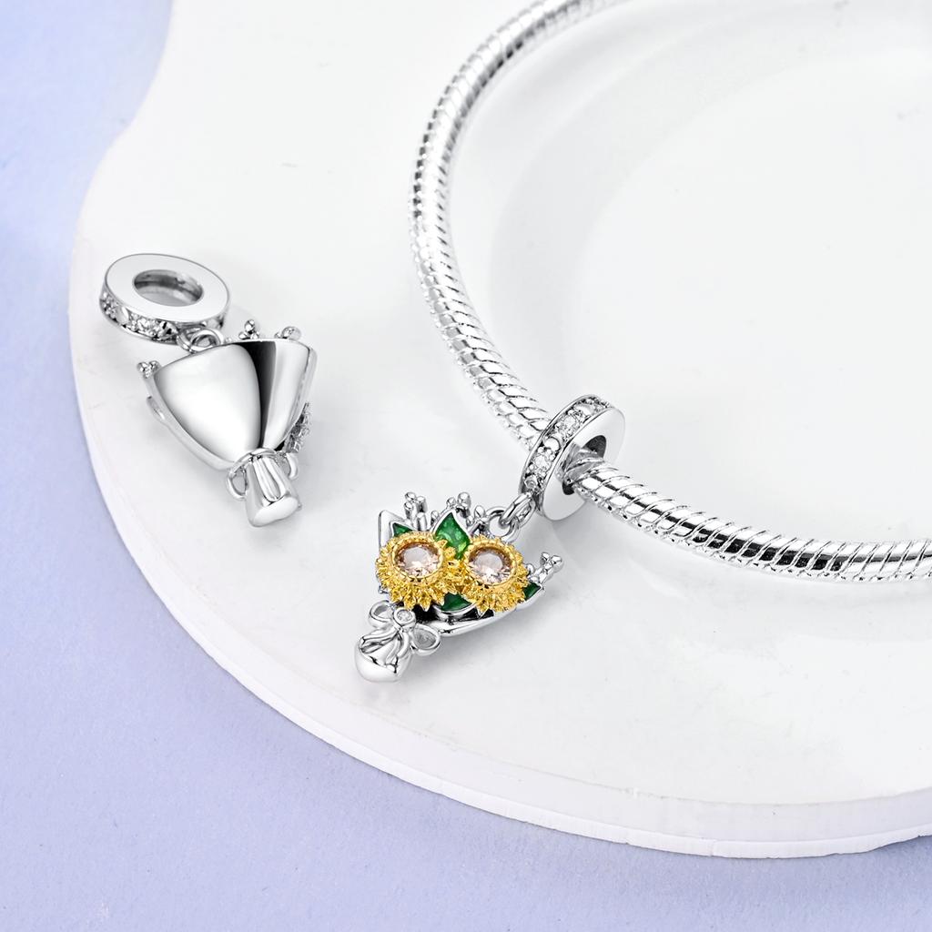New Copper Golden Sunflowers Heart Charms Beads Fit Original Bracelets Necklace Party Diy Jewelry