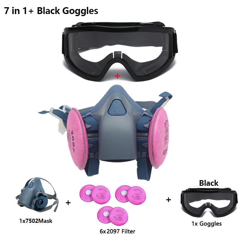 7502 Silicone Respirator Gas Mask With 2097 Filter Goggles Set For Epoxy Dust Paint Organic Vapor Formaldehyde Welding Grinding Mass Air Flow 3