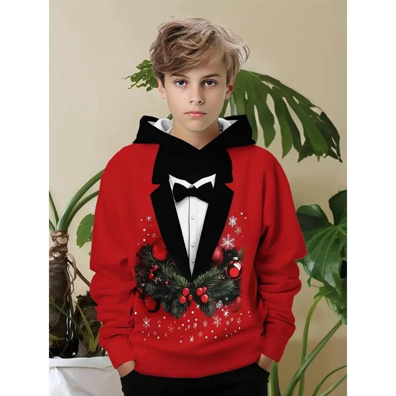 Christmas Tree Hoodies Snowflake Bow Tie 3D Print O-Neck Boys Girls Clothes Casual Christmas Party Sweatshirt Long Sleeve Tops